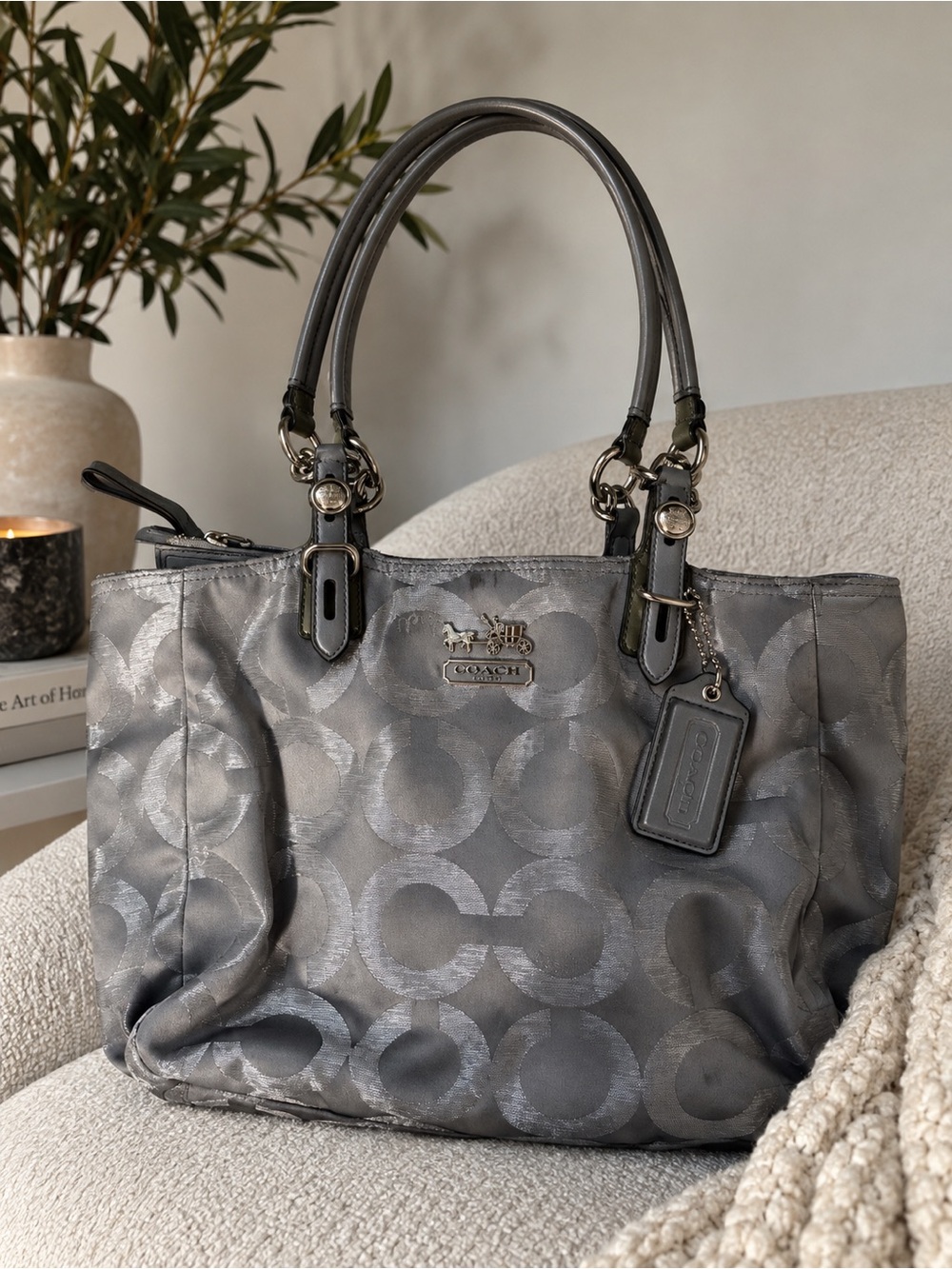 Coach Madison Maggie Op Art Silver Gray Signature Jacquard Tote